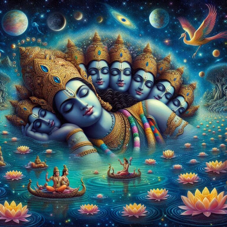 a painting of lord vishnu sleeping in water